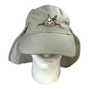 Trident Shark Attack Long Bill Fishing Sun Hat Neck Flap Protector Beige 'READ'